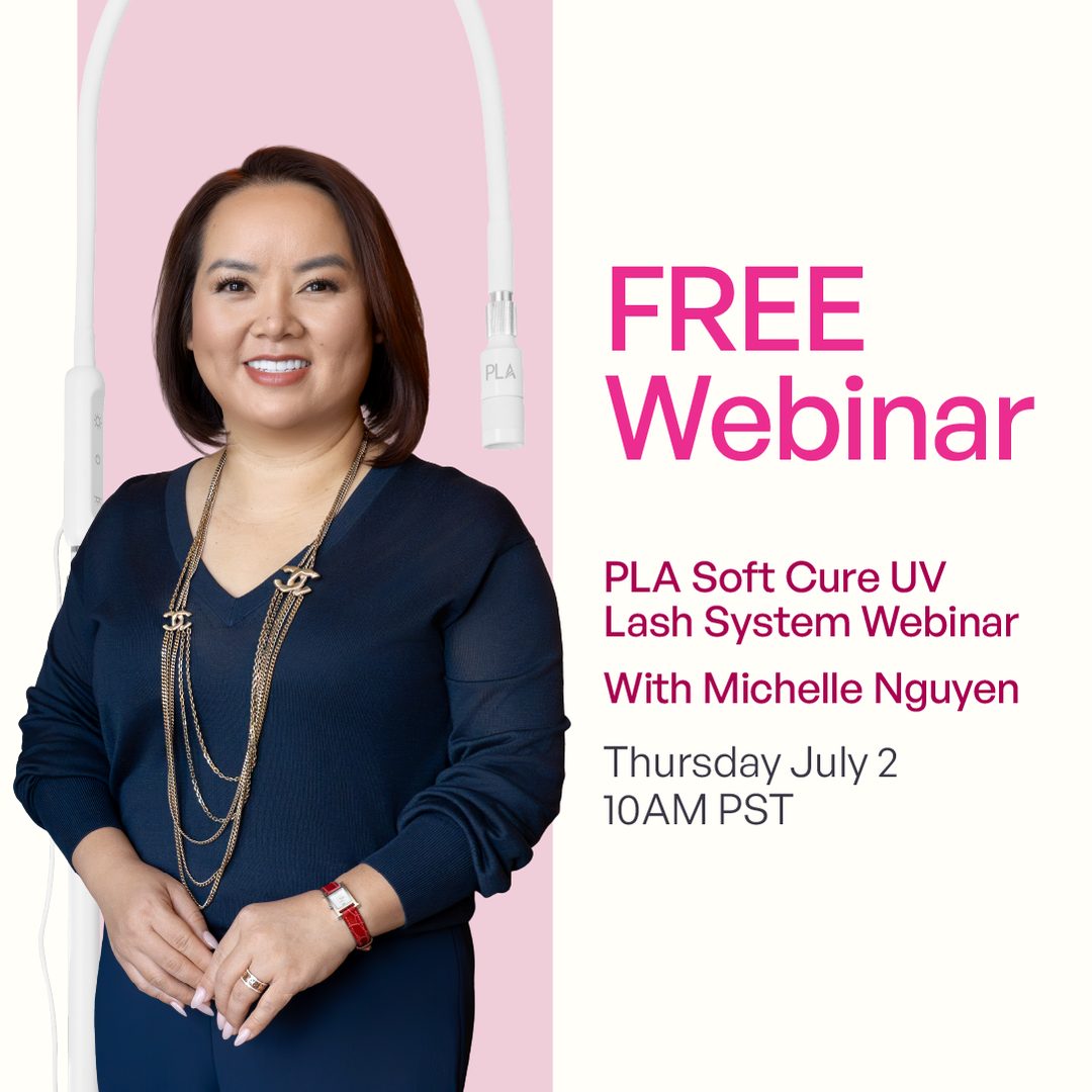Promotional image for a free webinar with a woman in a navy blue outfit against a pink background.