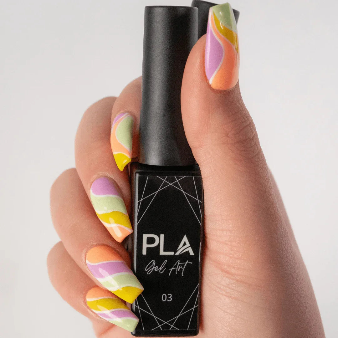 Nail set using PLA Gel Liners from Paris Lash Academy (abstract lines nail set, front view holding bottle)
