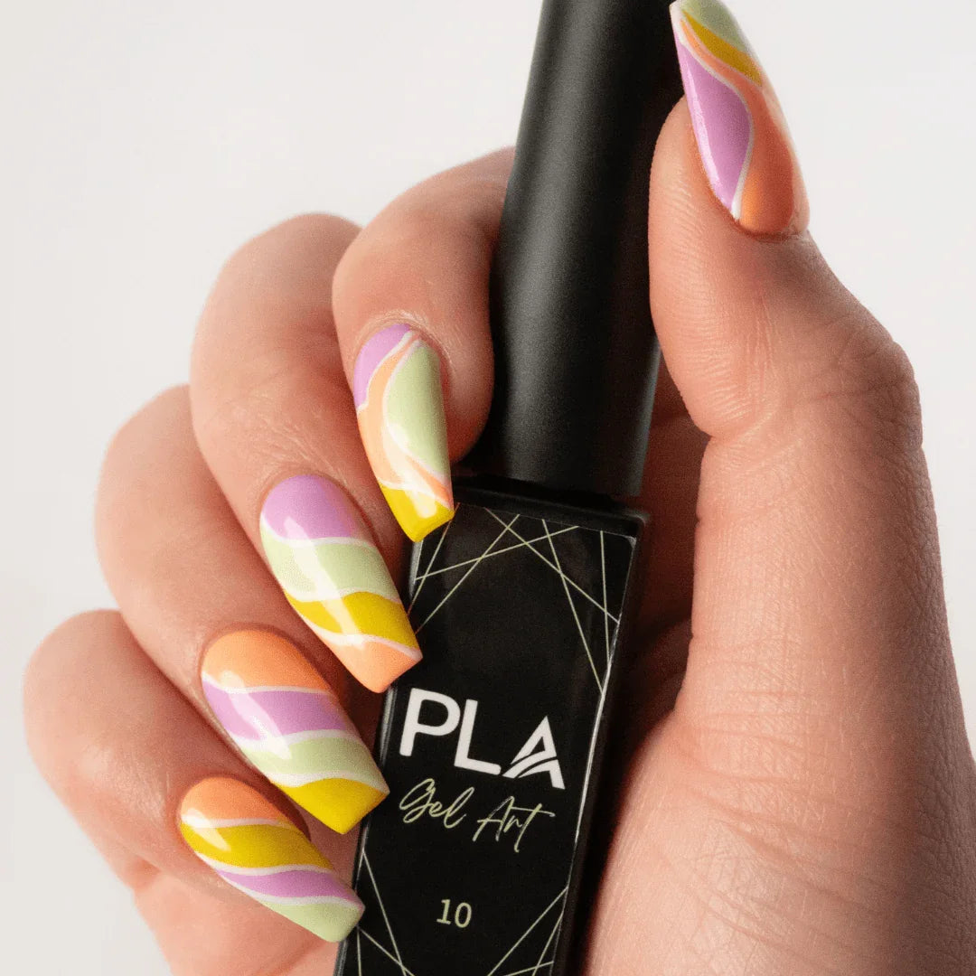 Nail set using PLA Gel Liners from Paris Lash Academy (abstract line nail set, front view holding bottle)