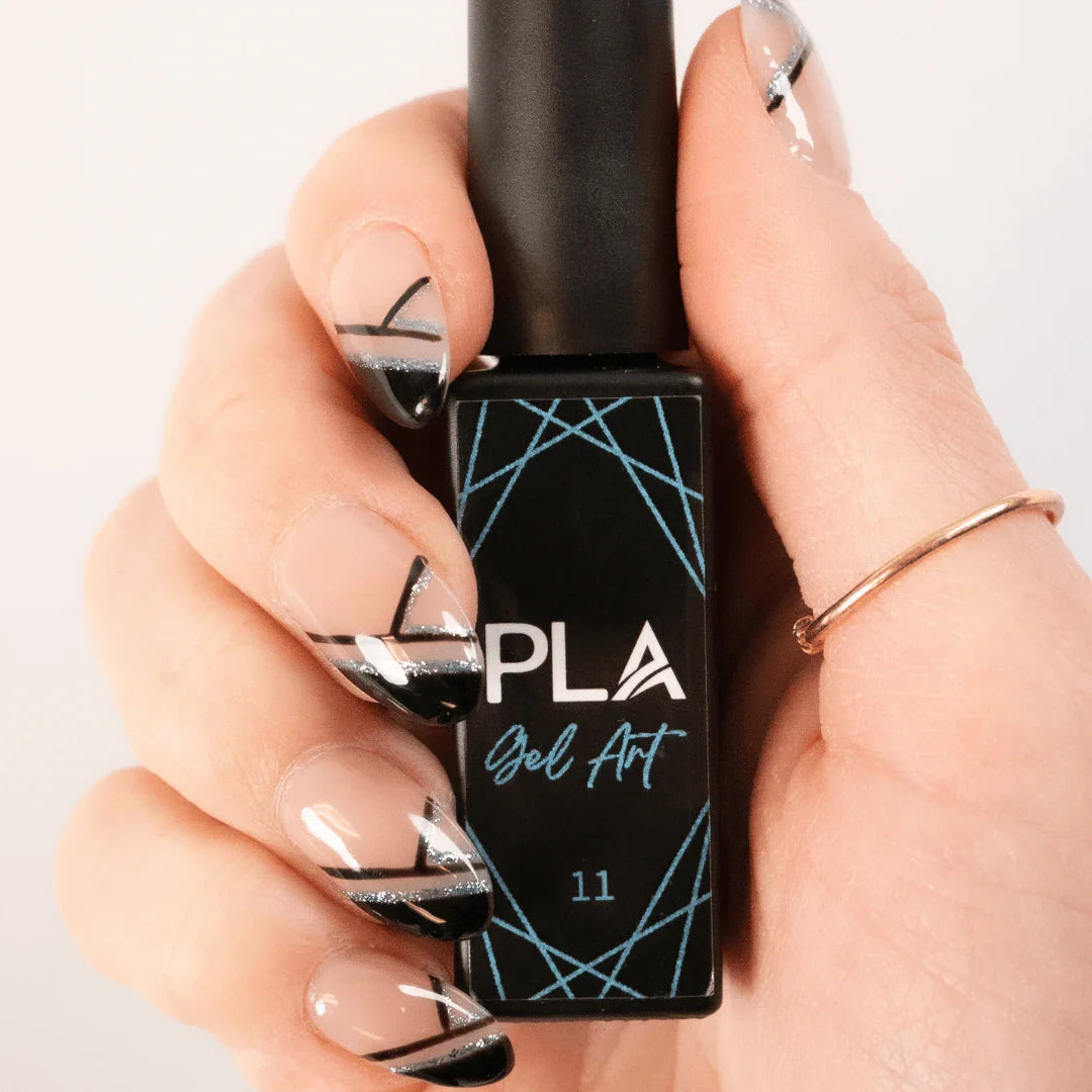 Nail set using PLA Gel Liners from Paris Lash Academy (blue and black line nail set, front view holding bottle)