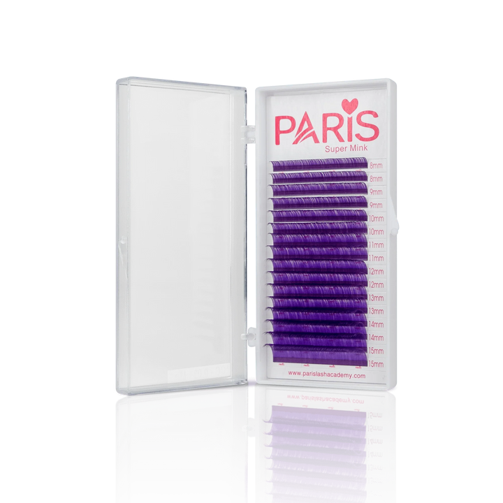 Purple lashes in PLA's 0.03 Color Lash Tray (front view of the open tray)