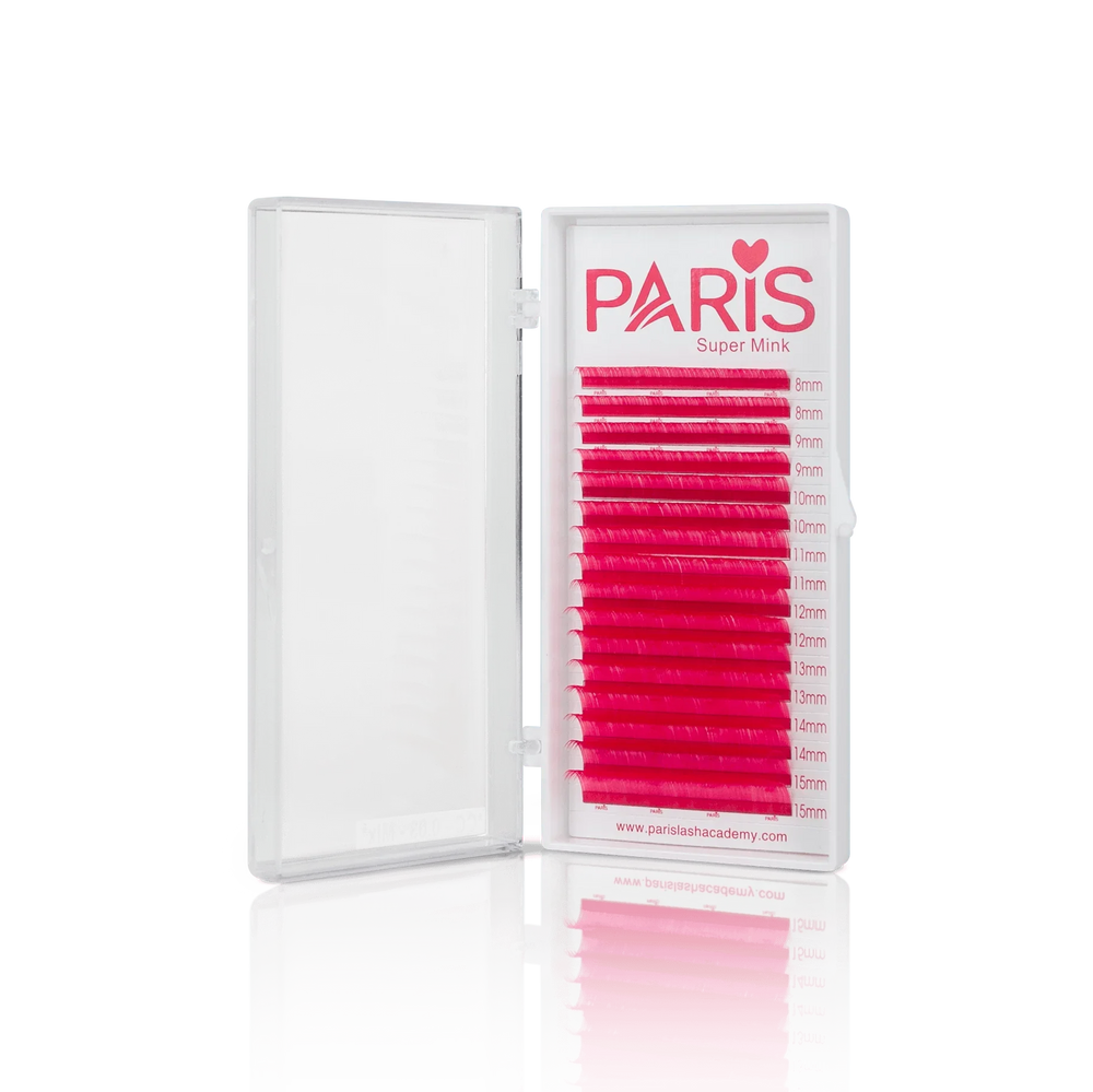 Hot Pink lashes in PLA's 0.03 Color Lash Tray (front view of the open tray)