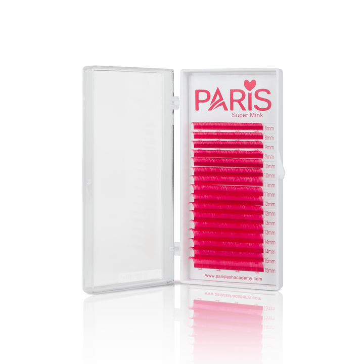 Hot Pink lashes in PLA's 0.03 Color Lash Tray (front view of the open tray)