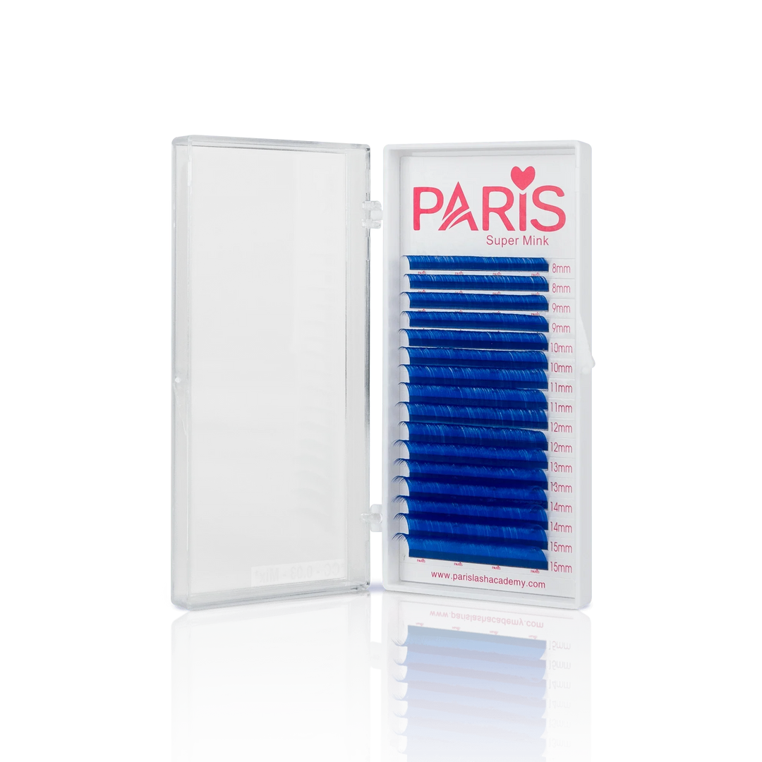 Blue lashes in PLA's 0.03 Color Lash Tray (front view of the open tray)