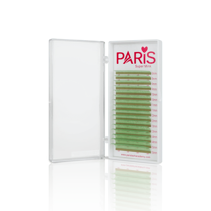 Light Green lashes in PLA's 0.03 Color Lash Tray (front view of the open tray)