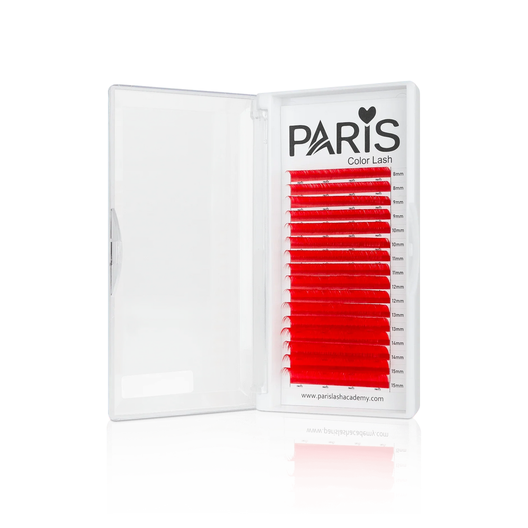 Red lashes in PLA's 0.03 Color Lash Tray (front view of the open tray)