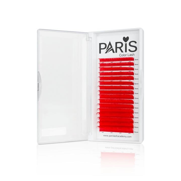 Red lashes in PLA's 0.03 Color Lash Tray (front view of the open tray)