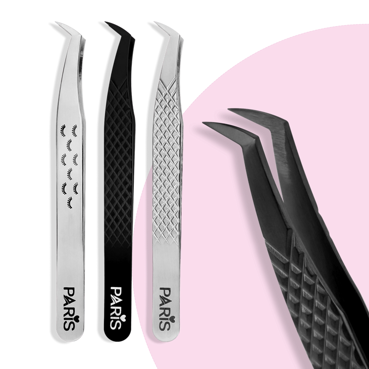 PLA P3 Boot Volume Tweezers (front view of three tweezers, close up view of the tip)