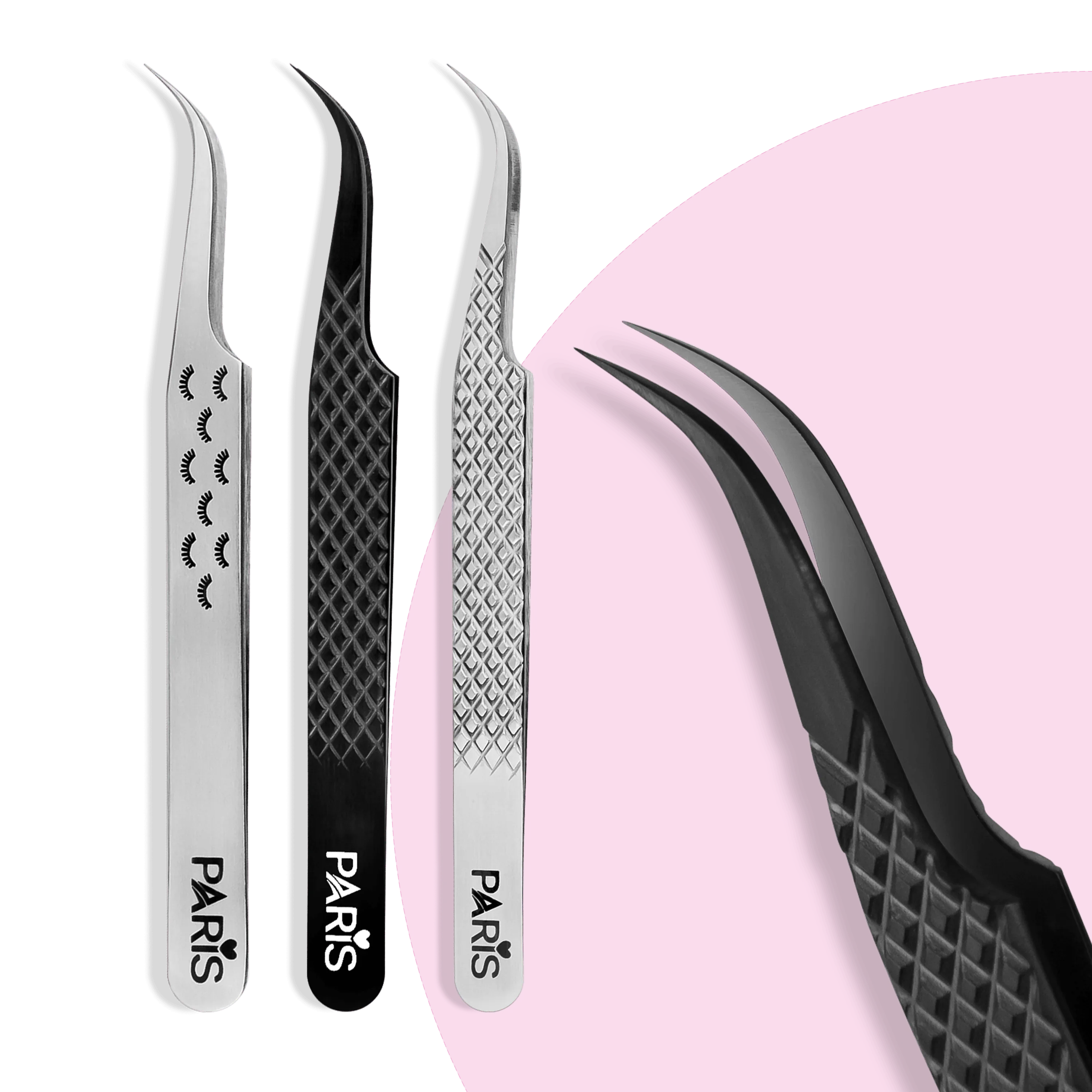 PLA P6 Ultimate Volume Tweezers (front view of three tweezers, close up view of the tip)