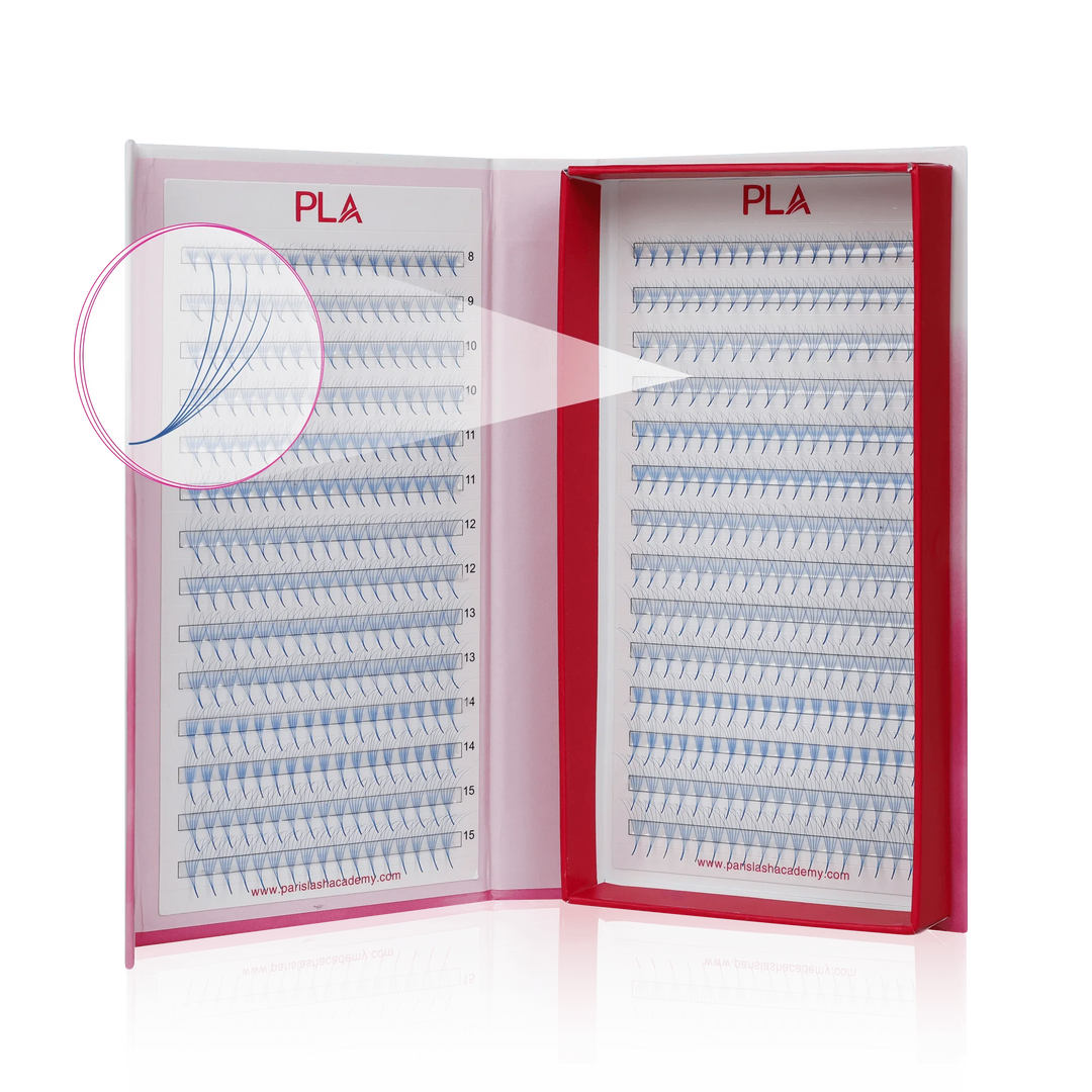 Colored lashes from the PLA Bold Collection: 5D ProMade Lash Fans, Blue (8-15 mm Mix). Front view of open lash tray , close up view of individual fan