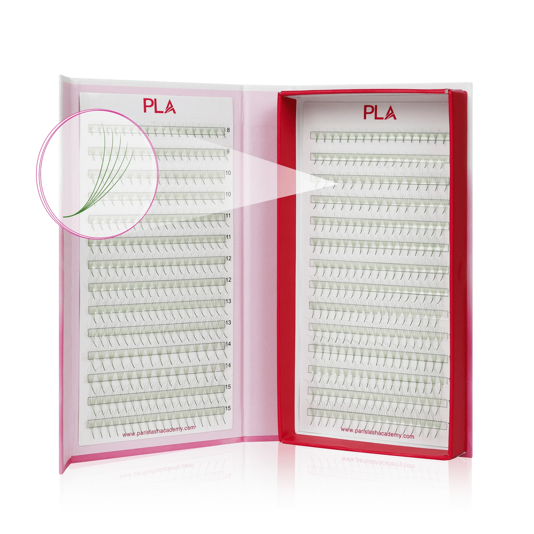 Colored lashes from the PLA Bold Collection: 5D ProMade Lash Fans, Green (8-15 mm Mix). Front view of open lash tray , close up view of individual fan
