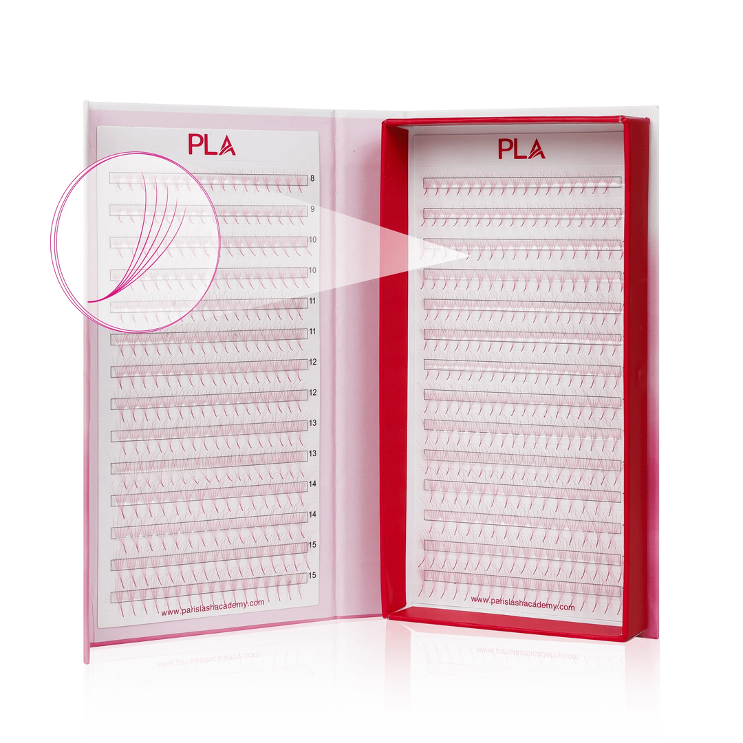 Colored lashes from the PLA Bold Collection: 5D ProMade Lash Fans, Pink (8-15 mm Mix). Front view of open lash tray , Close up view of individual fan