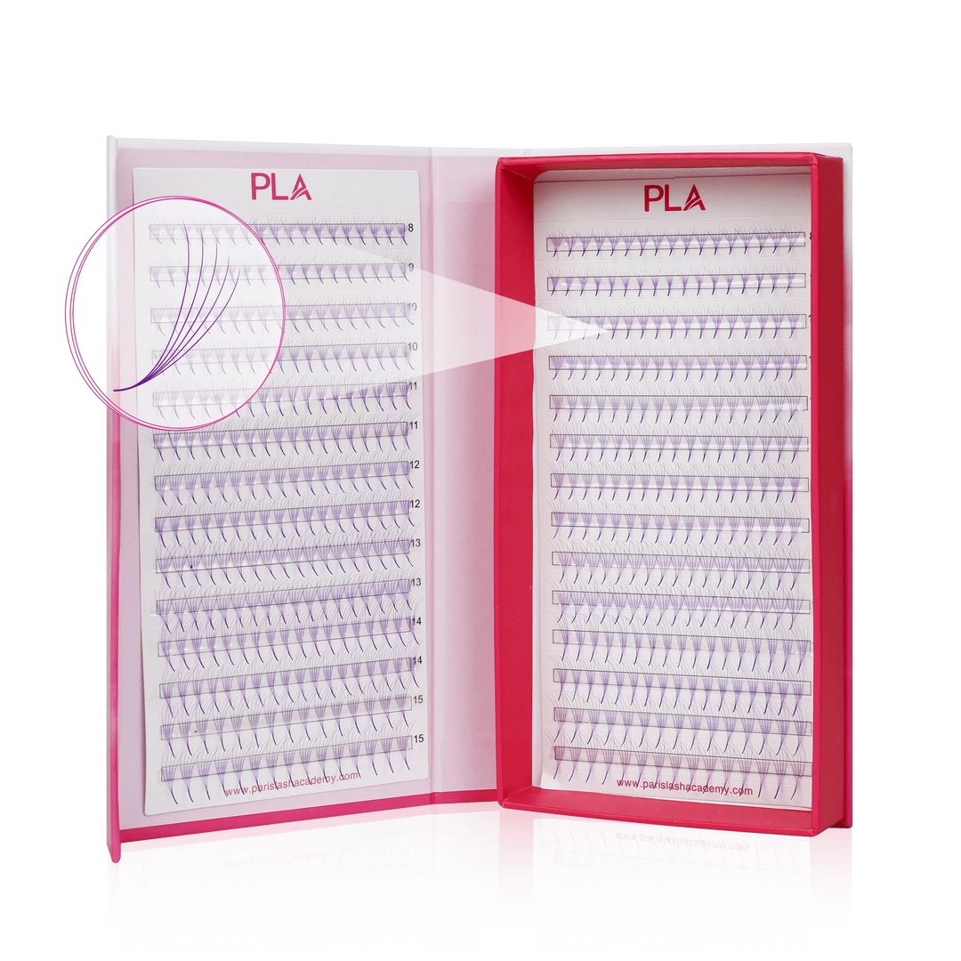 Colored lashes from the PLA Bold Collection: 5D ProMade Lash Fans, Purple (8-15 mm Mix). Front view of open lash tray , close up view of individual fan