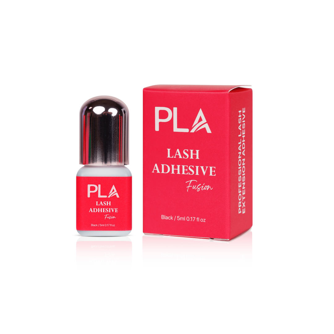 Lash Adhesive from Paris Lash Academy: Fusion (5mL). Front view of box , Front view of adhesive bottle