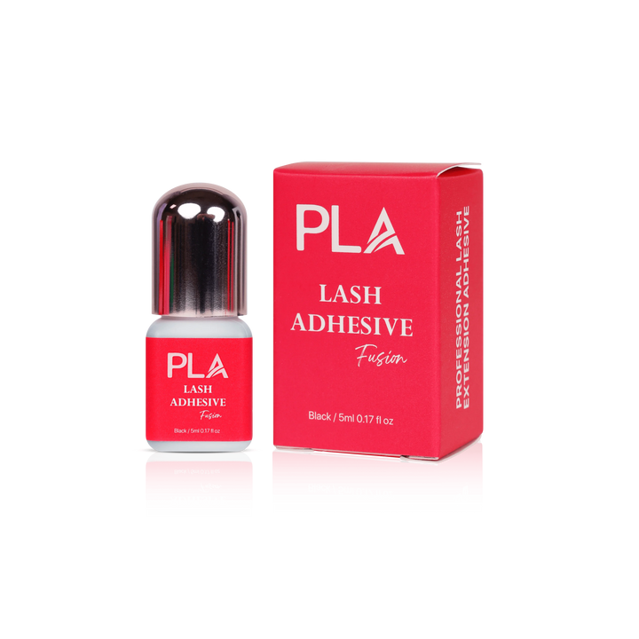 Lash Adhesive from Paris Lash Academy: Fusion (5mL). Front view of box , Front view of adhesive bottle