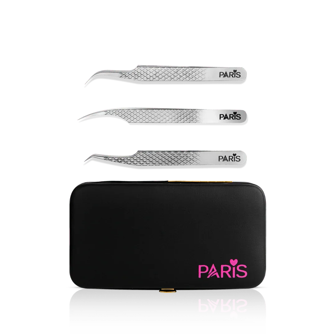 Mini Tweezer Set from Paris Lash Academy: The Must Haves, P1, P2, P6 (front view of tweezers and magnetic tweezer case)