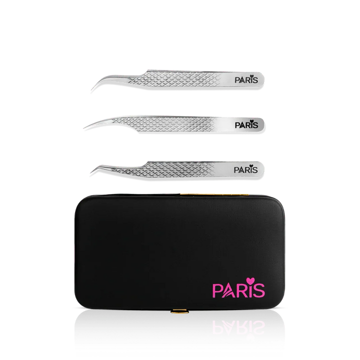 Mini Tweezer Set from Paris Lash Academy: The Must Haves, P1, P2, P6 (front view of tweezers and magnetic tweezer case)