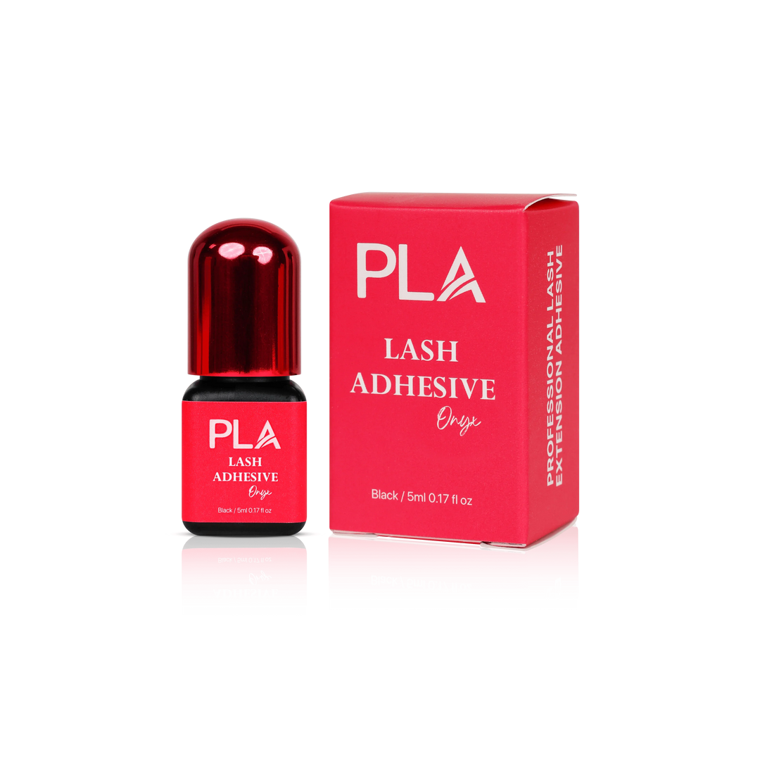 Lash Adhesive from Paris Lash Academy: Onyx (5mL). Front view of box , Front view of adhesive bottle