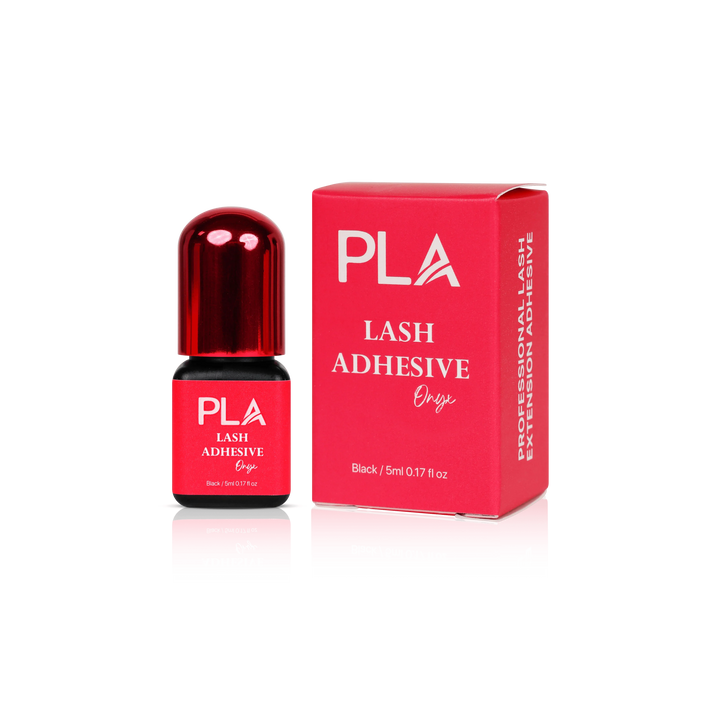 Lash Adhesive from Paris Lash Academy: Onyx (5mL). Front view of box , Front view of adhesive bottle