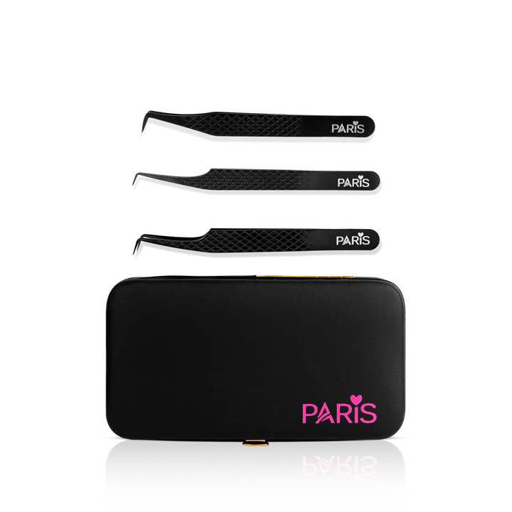 Mini Tweezer Set from Paris Lash Academy: 90 Degree Lover, P00, P0, P10 (front view of tweezers and magnetic tweezer case)
