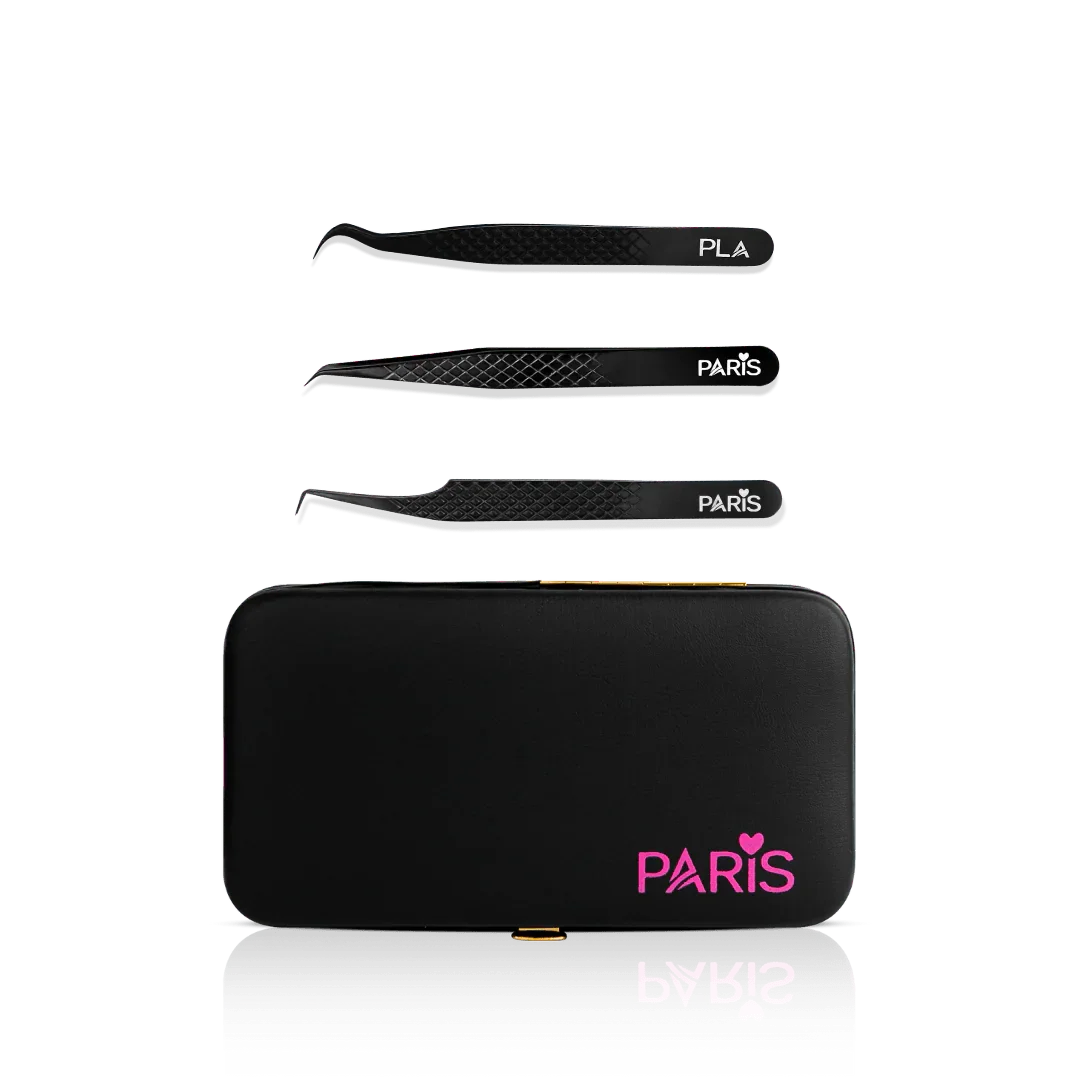 Mini Tweezer Set from Paris Lash Academy: The Small But Mighty, P00, P5, P11 (front view of tweezers and magnetic tweezer case)